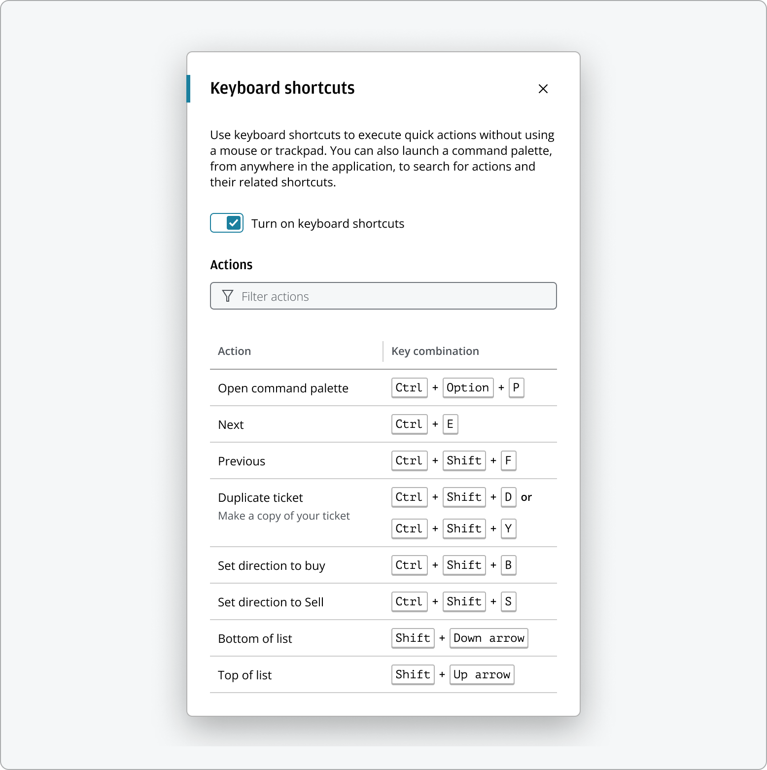 Keyboard shortcuts with long shortcuts list.