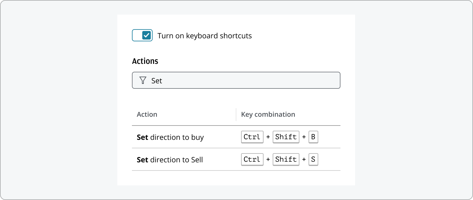 Keyboard shortcuts with filtering behavior.